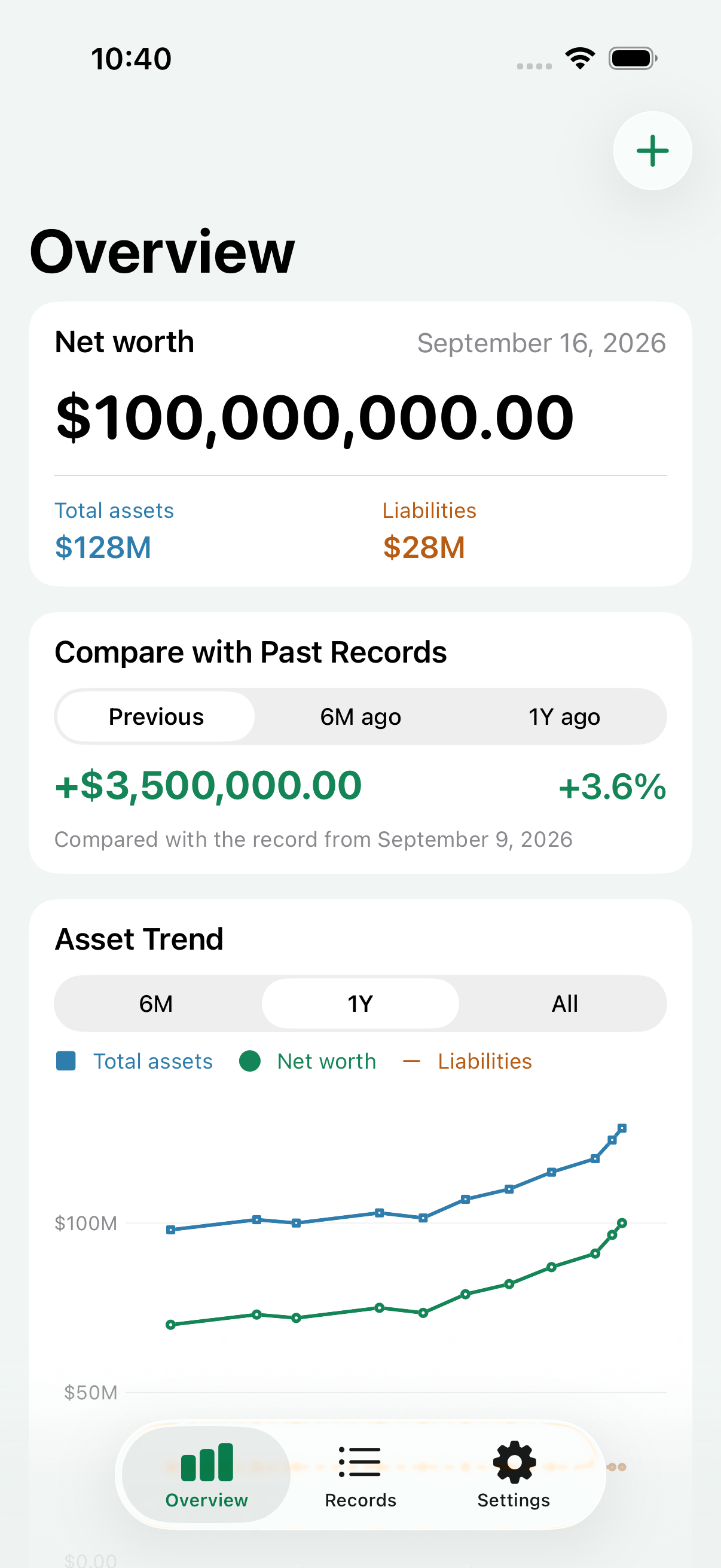 Asset Log dashboard screen showing net worth and timeline charts