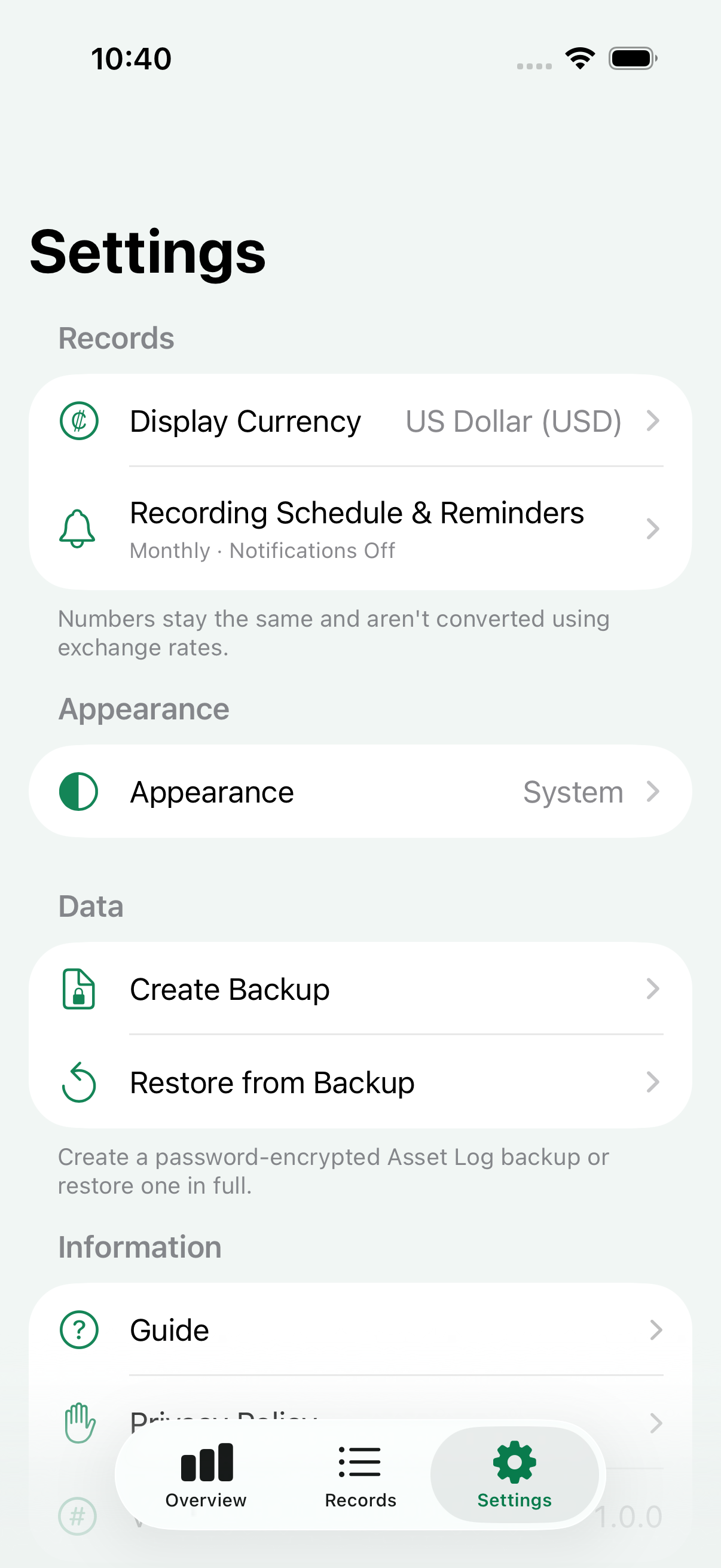 Asset Log settings screen with file backup and reminder preferences